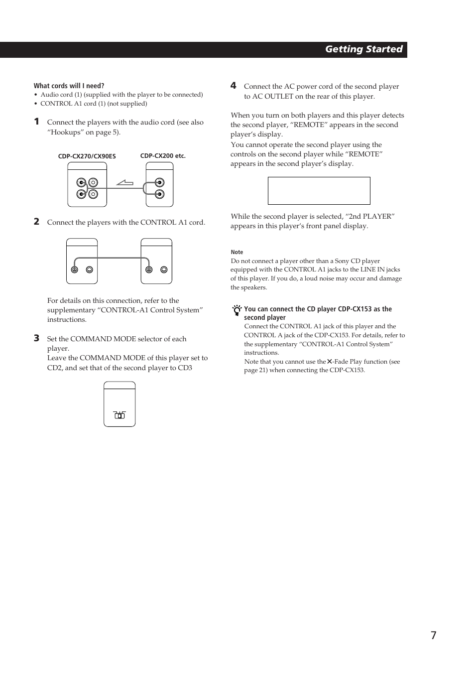 Playing cds getting started, Getting started | Sony Ericsson CDP-CX270 User Manual | Page 7 / 32