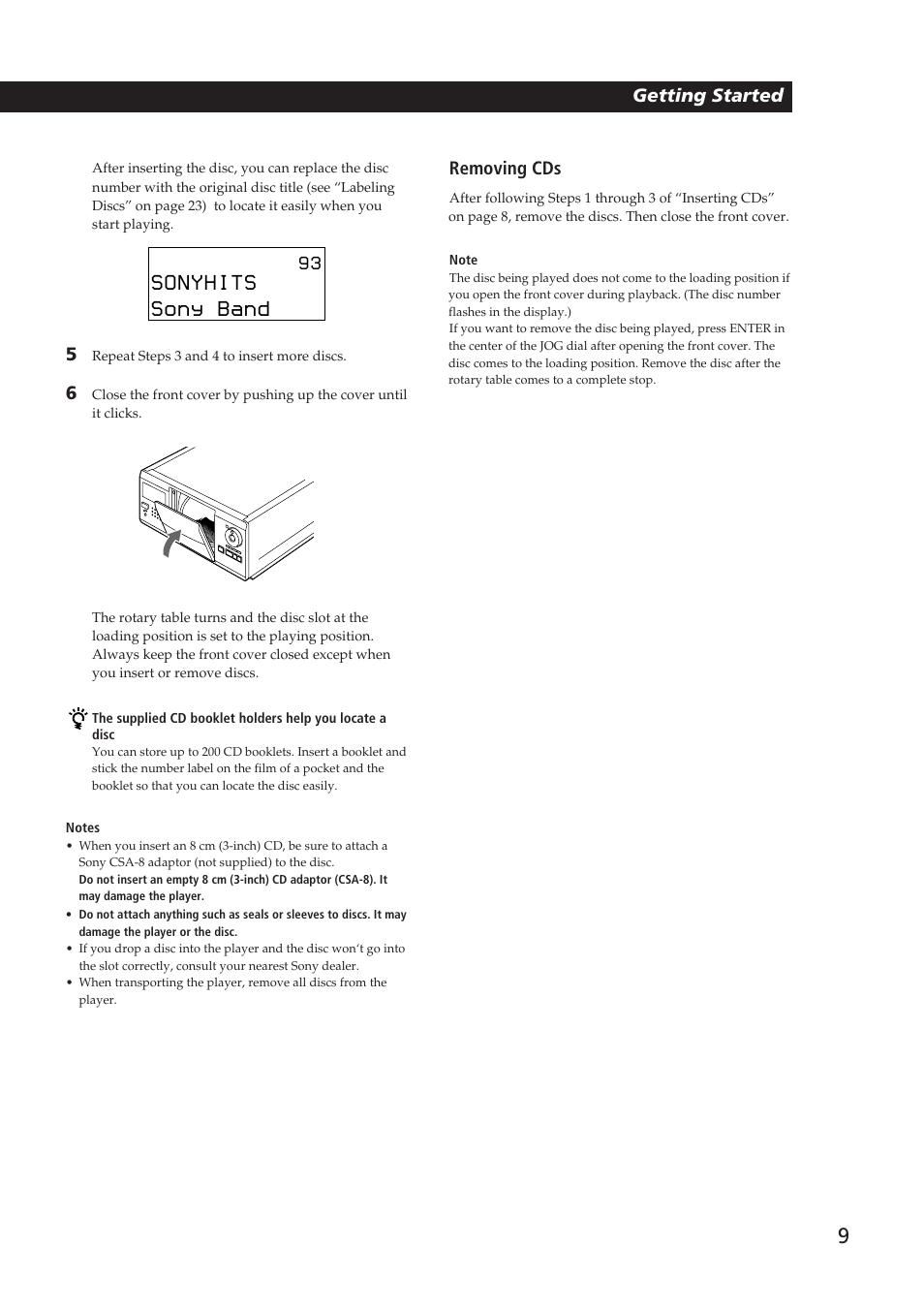 Sonyhits, Sony band, Playing cds getting started | Getting started, Removing cds | Sony Ericsson CDP-CX270 User Manual | Page 9 / 32