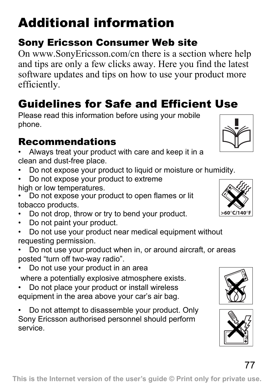 Additional information, 77 guidelines for safe and efficient use, Guidelines for safe and efficient use | Sony Ericsson J200c User Manual | Page 79 / 92