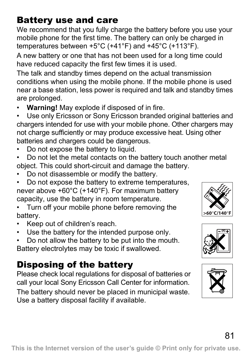 81 battery use and care | Sony Ericsson J200c User Manual | Page 83 / 92