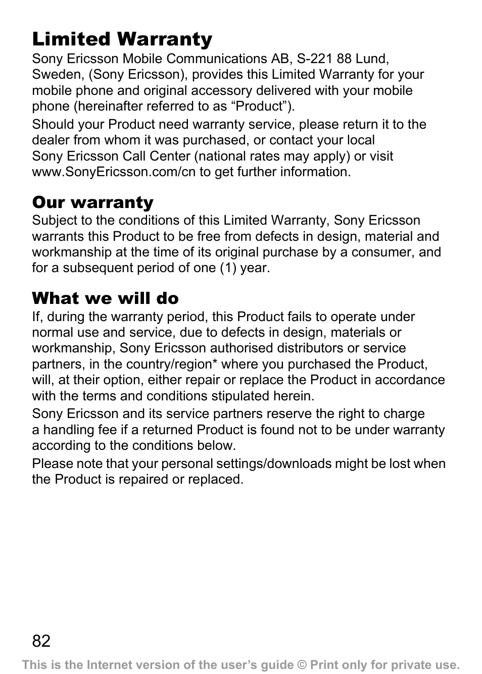 82 limited warranty, Limited warranty | Sony Ericsson J200c User Manual | Page 84 / 92