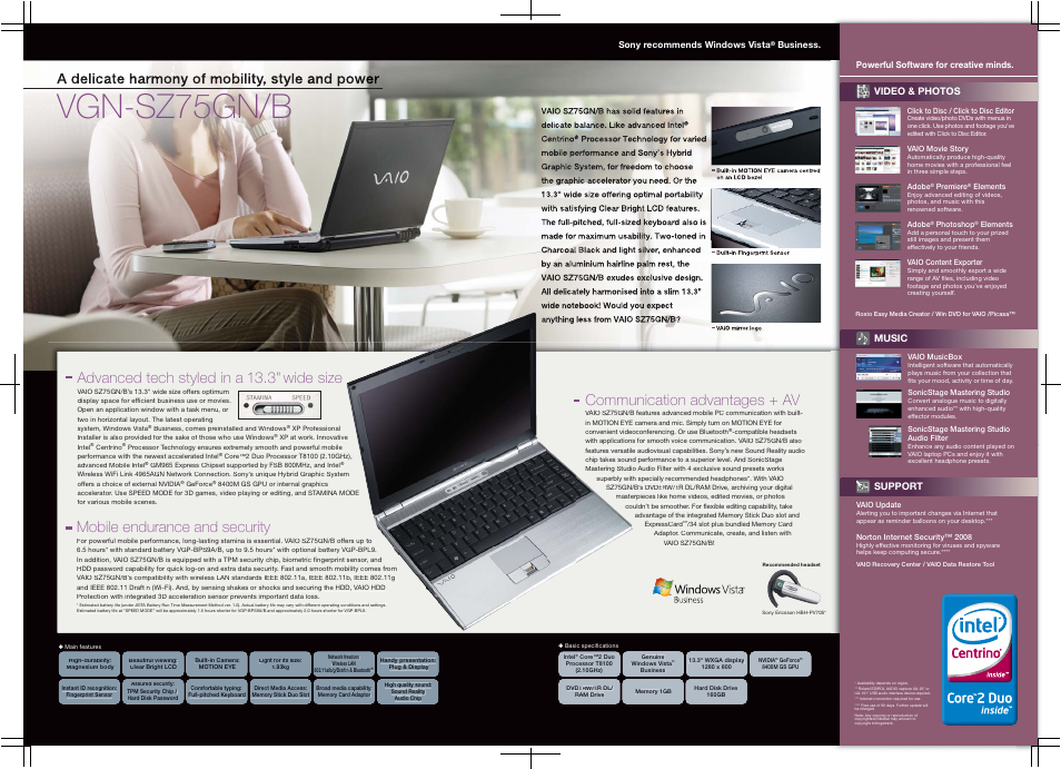 Vgn-sz75gn/b, Mobile endurance and security, Advanced tech styled in a 13.3" wide size | Communication advantages + av | Sony Ericsson Vaio VGN-SZ75GN User Manual | Page 2 / 2