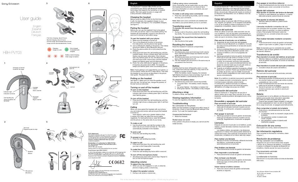 Sony Ericsson Bluetooth HBH-PV703 User Manual | 2 pages
