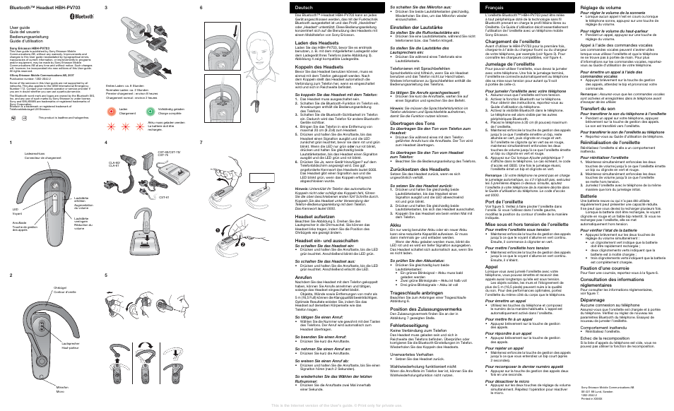 Deutsch, Français | Sony Ericsson Bluetooth HBH-PV703 User Manual | Page 2 / 2