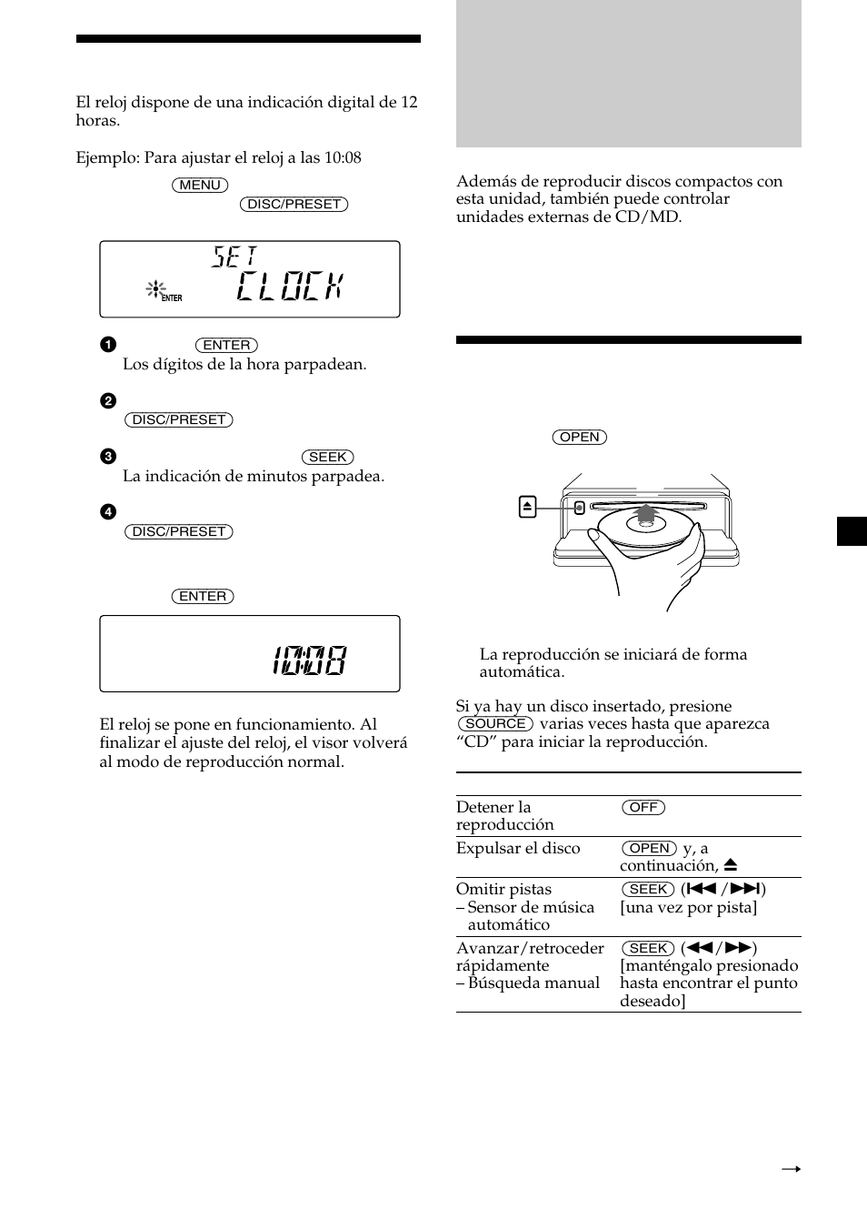 Reproductor de cd unidad de cd/md (opcional), 9ajuste del reloj, Reproducción de discos | Sony Ericsson CDX-CA690X User Manual | Page 35 / 80
