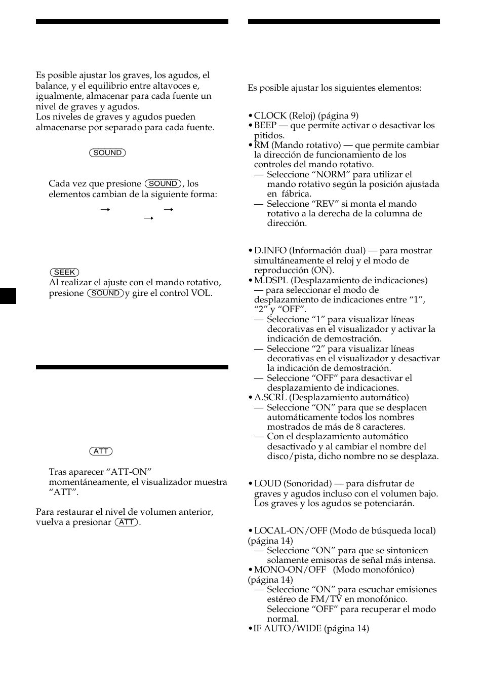 18 ajuste de las características de sonido, Atenuación del sonido rápidamente, Cambio de los ajustes de sonido y visualización | Sony Ericsson CDX-CA690X User Manual | Page 44 / 80