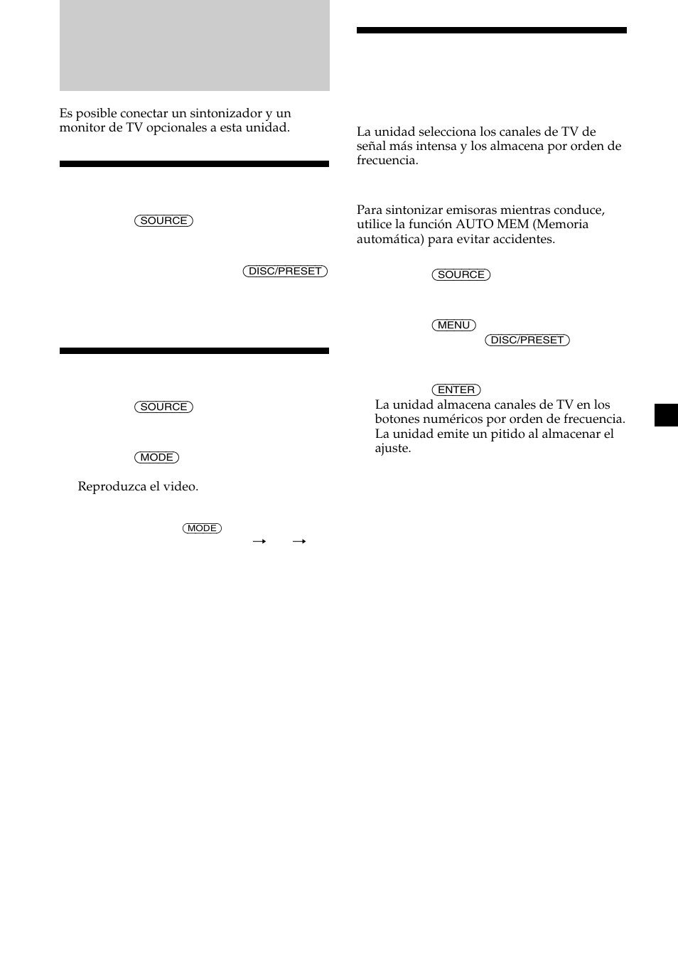 Tv/video (opcional), Visualización de tv, Visualización de video | Almacenamiento automático de canales de tv | Sony Ericsson CDX-CA690X User Manual | Page 47 / 80