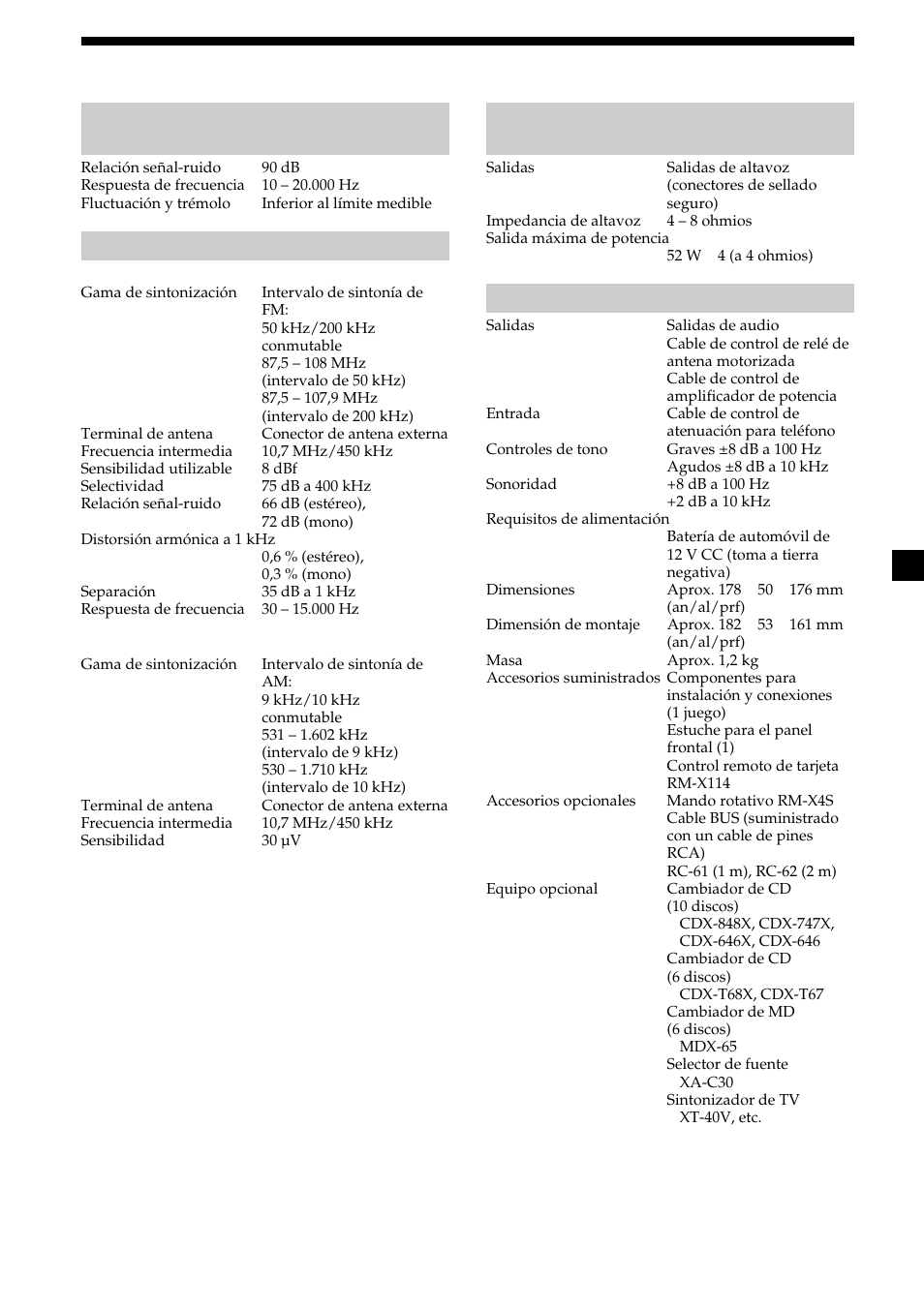 25 especificaciones, Sección del reproductor de discos compactos, Sección del sintonizador | Sección del amplificador de potencia, Generales | Sony Ericsson CDX-CA690X User Manual | Page 51 / 80