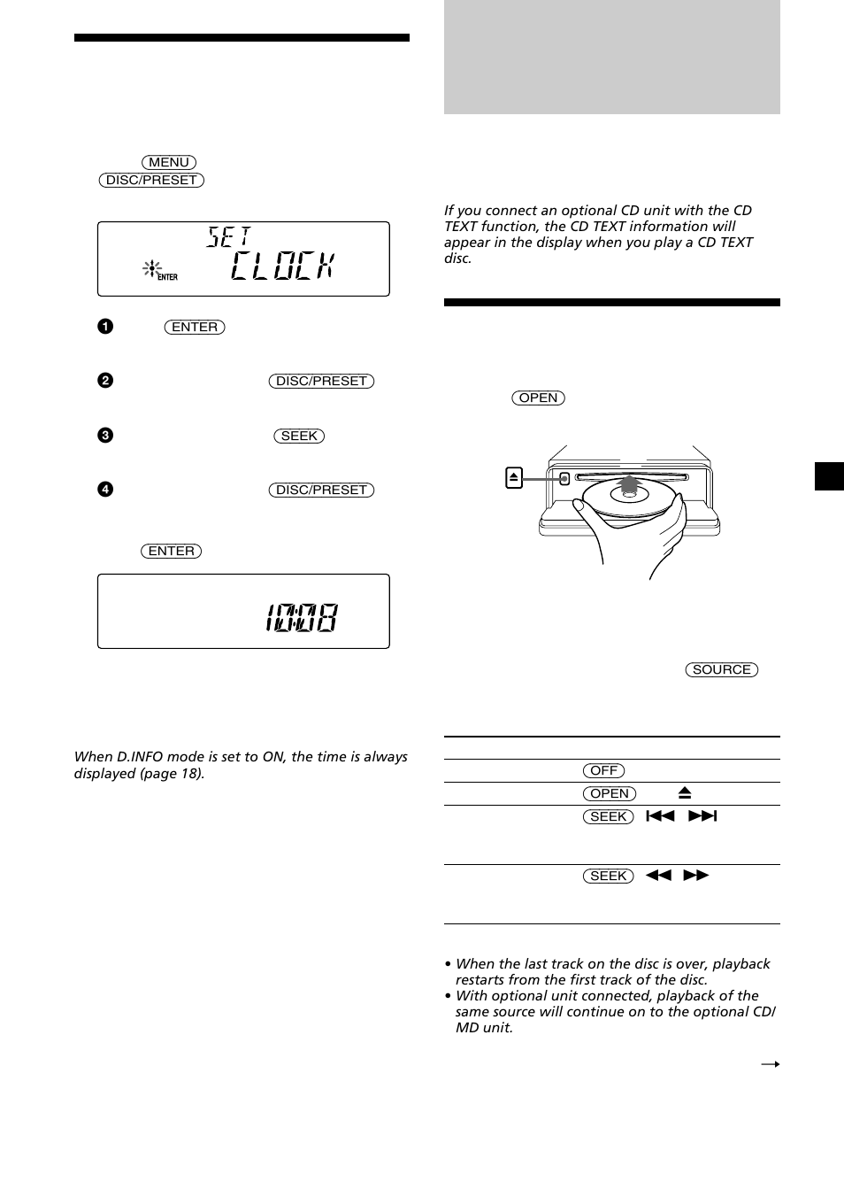 Cd player cd/md unit (optional), 9setting the clock, Playing a disc | Sony Ericsson CDX-CA690X User Manual | Page 9 / 80