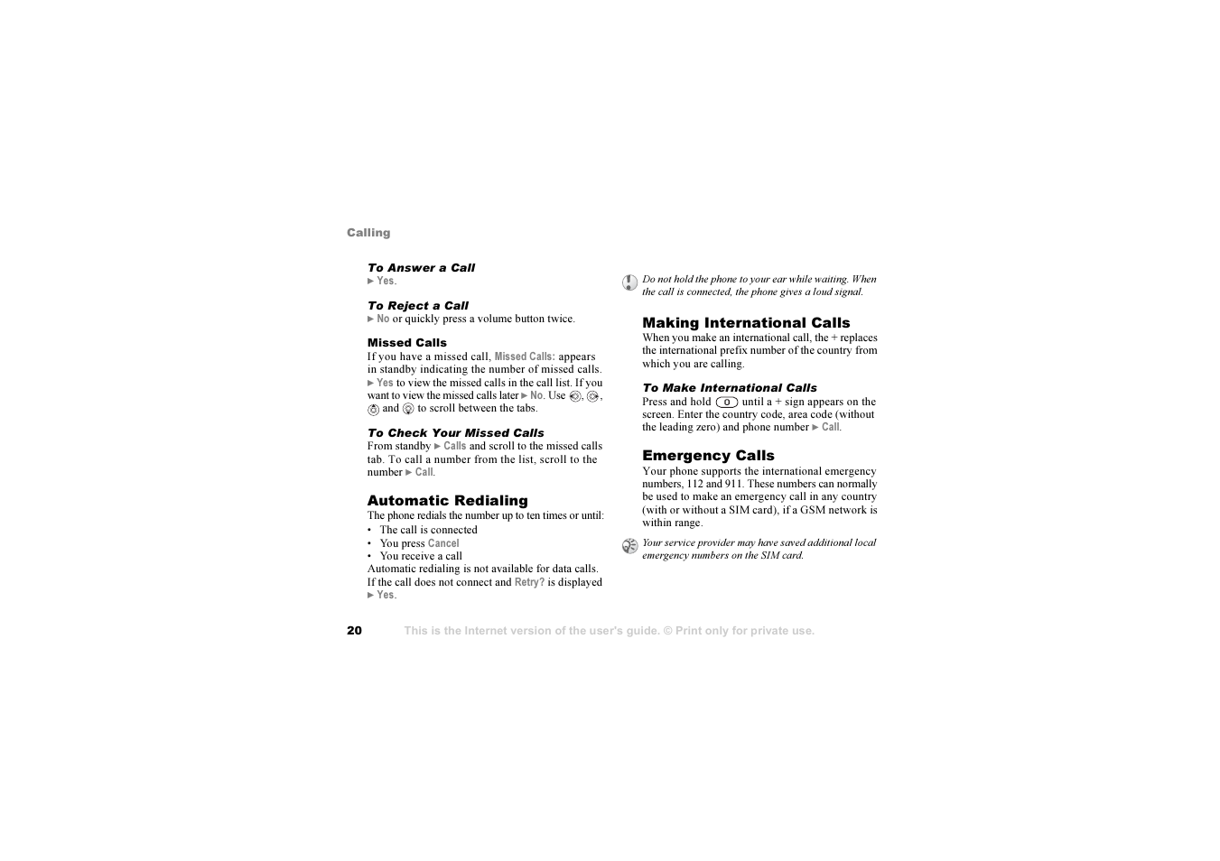 20 emergency calls | Sony Ericsson S700i User Manual | Page 20 / 95
