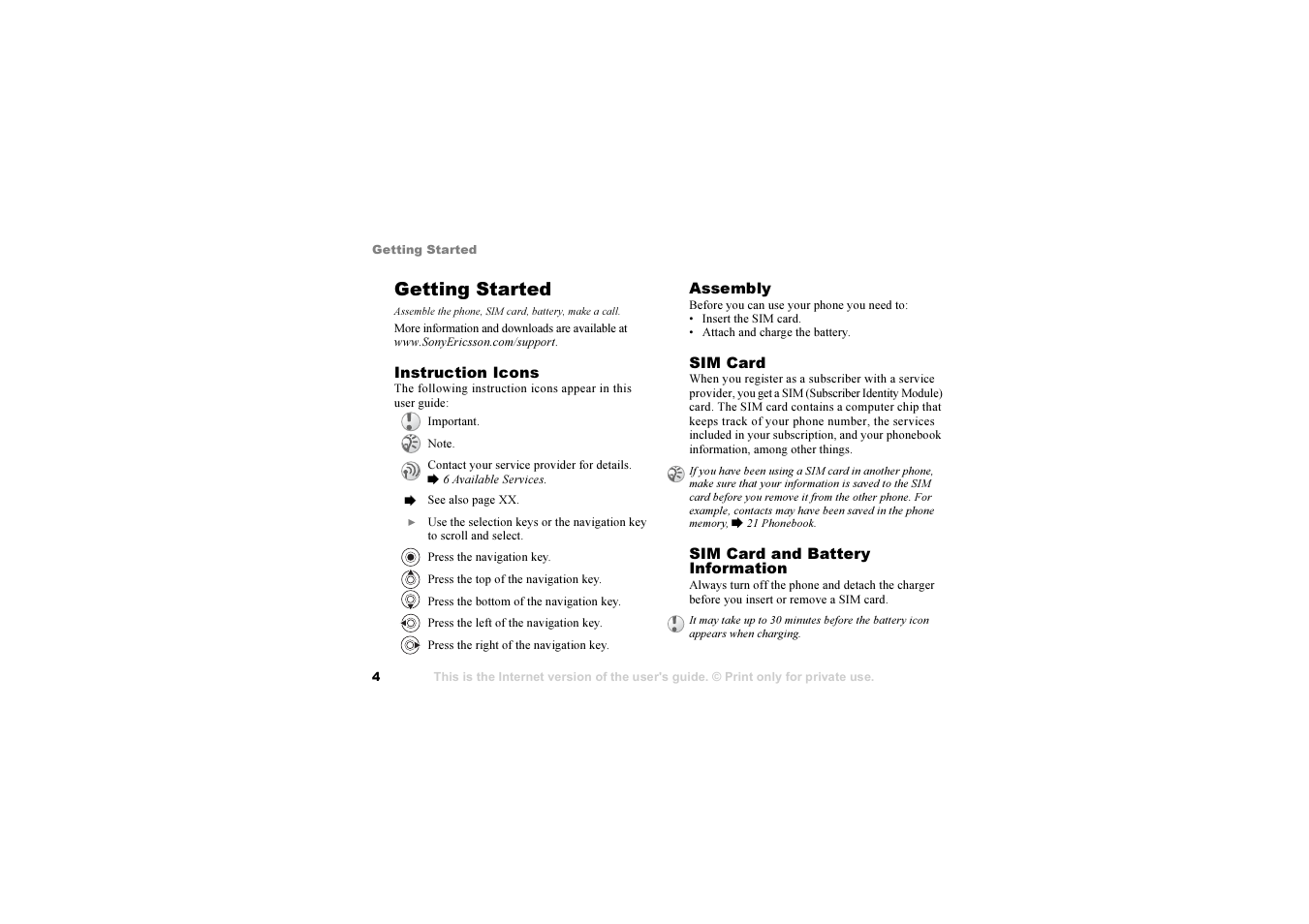 Getting started, Assemble the phone, sim card, battery, make a call | Sony Ericsson S700i User Manual | Page 4 / 95