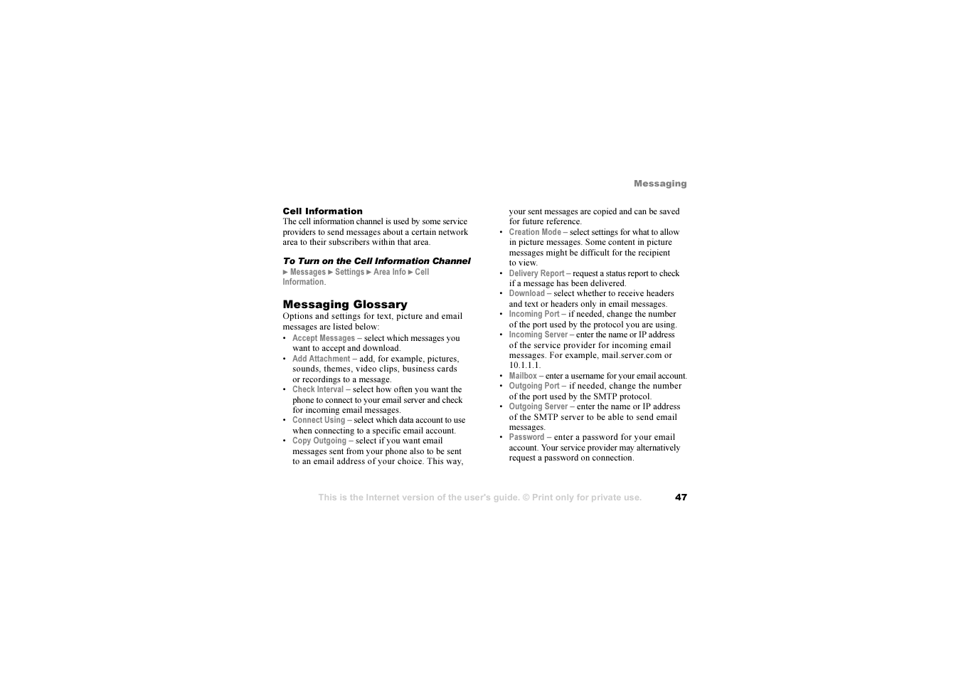 47 messaging, Glossary, 47 messaging glossary | Sony Ericsson S700i User Manual | Page 47 / 95