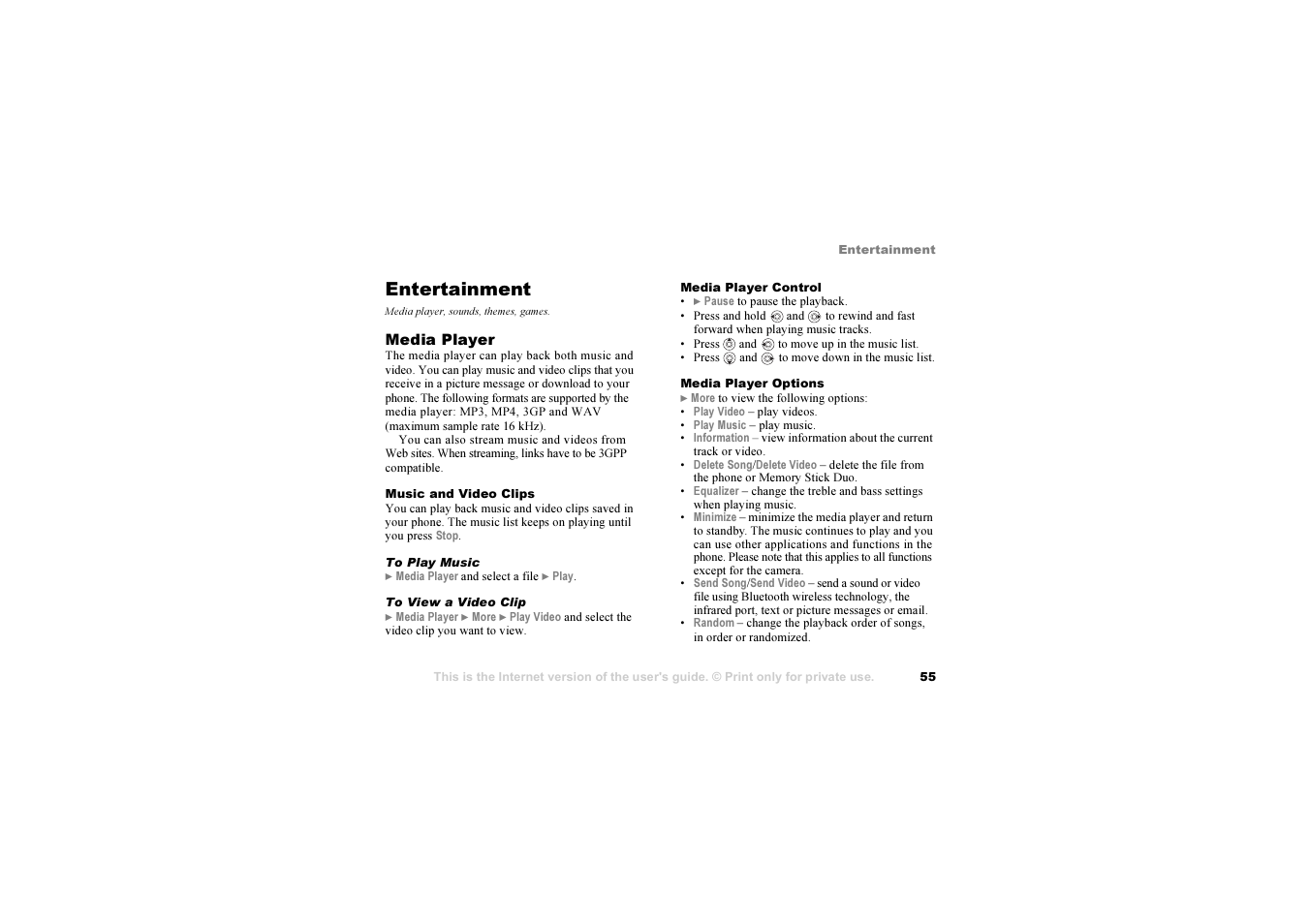 Entertainment, Media player, sounds, themes, games | Sony Ericsson S700i User Manual | Page 55 / 95