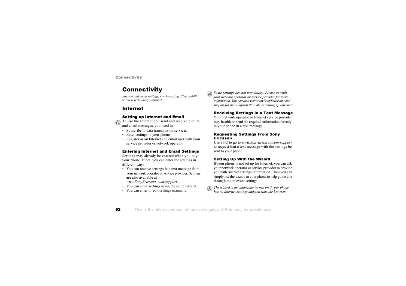 Connectivity, 62 setting up, Internet and emai | 62 entering internet, And email settings, 62 setting up internet and email | Sony Ericsson S700i User Manual | Page 62 / 95
