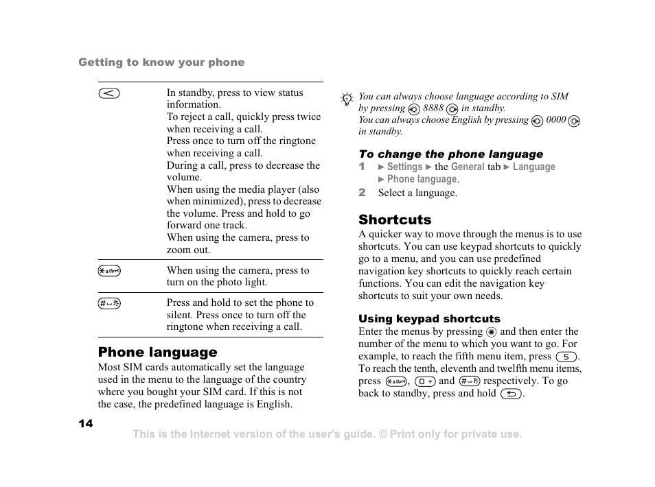 Phone language, Shortcuts | Sony Ericsson K608i User Manual | Page 14 / 99