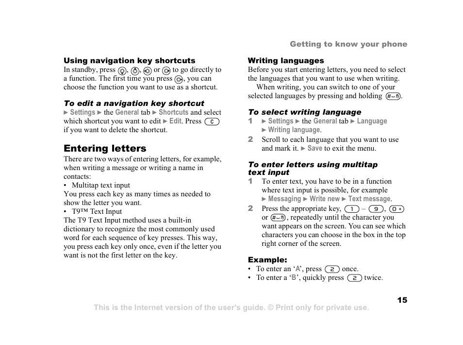 Entering letters | Sony Ericsson K608i User Manual | Page 15 / 99