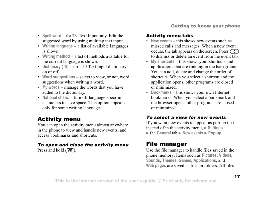 17 activity menu, Activity menu, File manager | Sony Ericsson K608i User Manual | Page 17 / 99