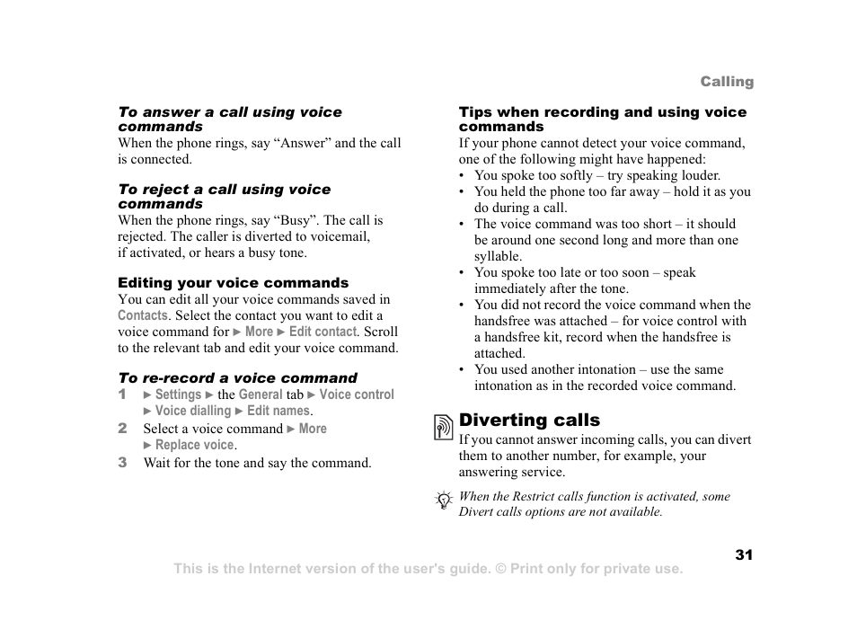 31 tips when recording and, Using voice commands, Diverting calls | Sony Ericsson K608i User Manual | Page 31 / 99