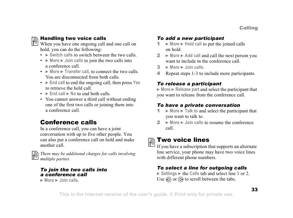 Conference calls, Two voice lines | Sony Ericsson K608i User Manual | Page 33 / 99