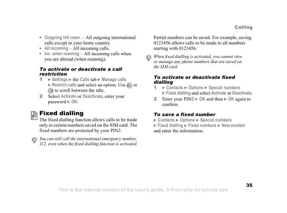 Fixed dialling | Sony Ericsson K608i User Manual | Page 35 / 99