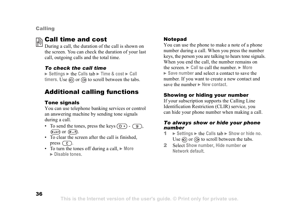 Call time and cost, Additional calling functions | Sony Ericsson K608i User Manual | Page 36 / 99