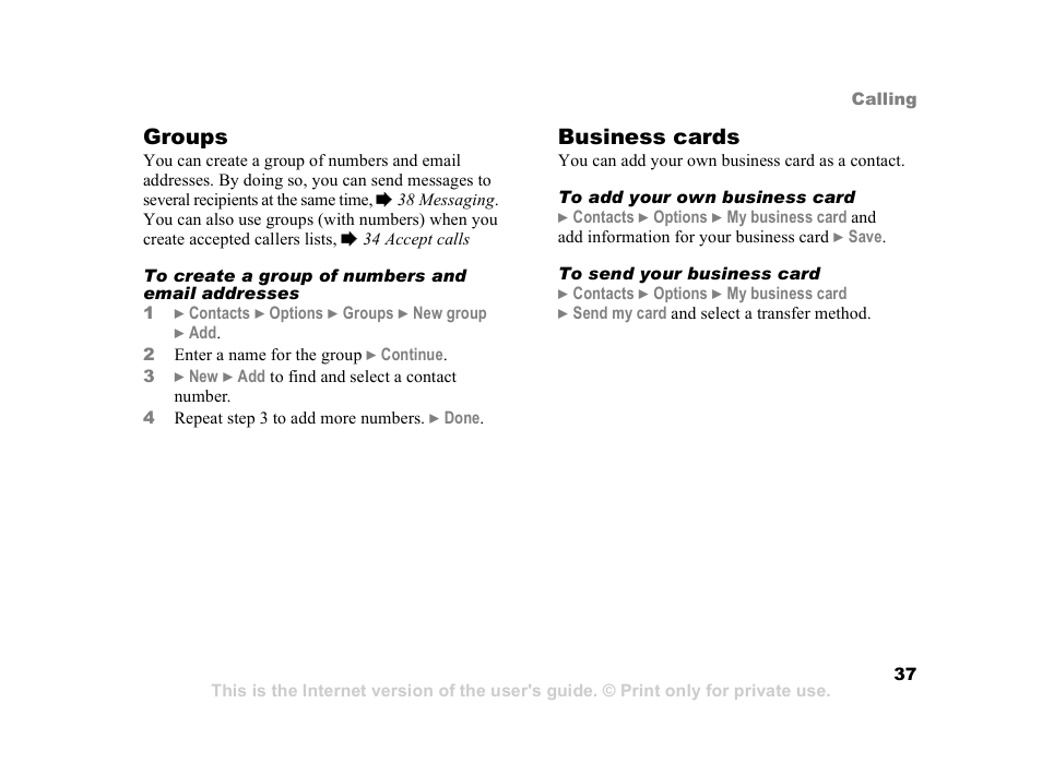 Groups, Business cards | Sony Ericsson K608i User Manual | Page 37 / 99