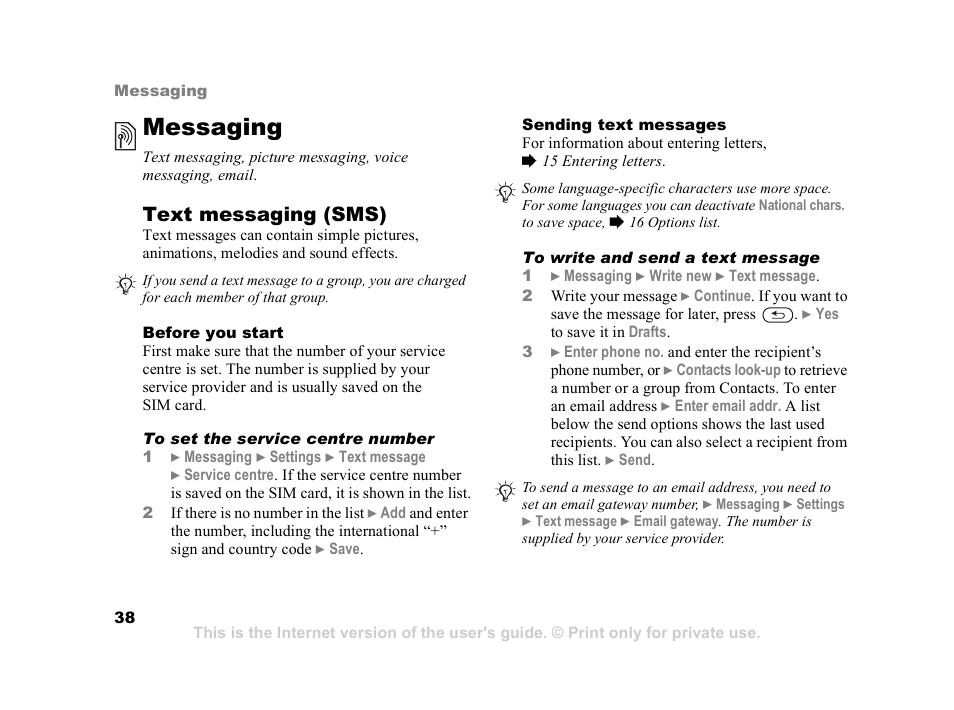 Messaging, 38 messaging, Text messaging (sms) | Sony Ericsson K608i User Manual | Page 38 / 99