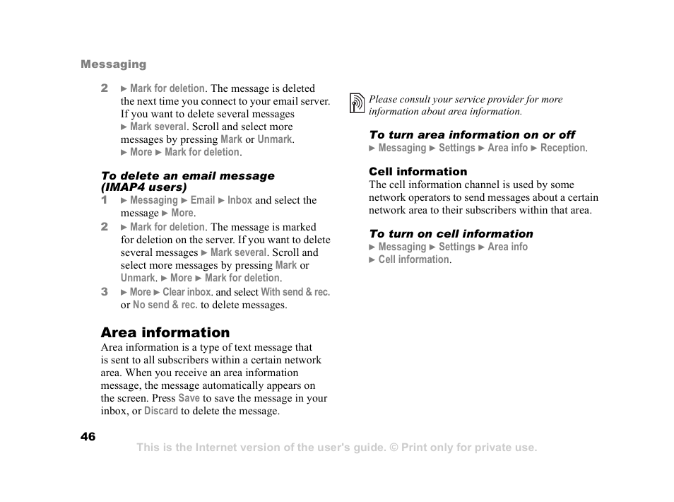 Area information | Sony Ericsson K608i User Manual | Page 46 / 99