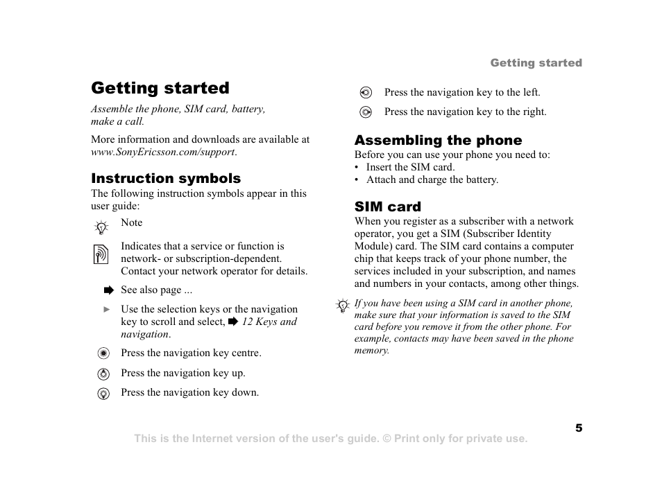 Getting started | Sony Ericsson K608i User Manual | Page 5 / 99