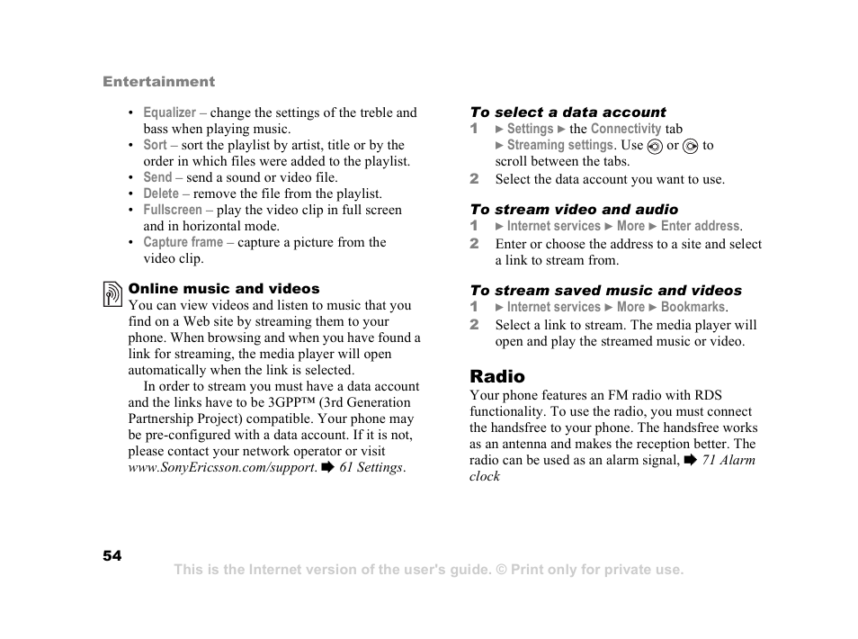 Radio | Sony Ericsson K608i User Manual | Page 54 / 99