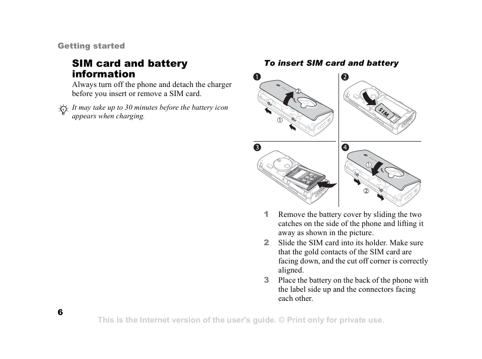 Sim card and battery information | Sony Ericsson K608i User Manual | Page 6 / 99