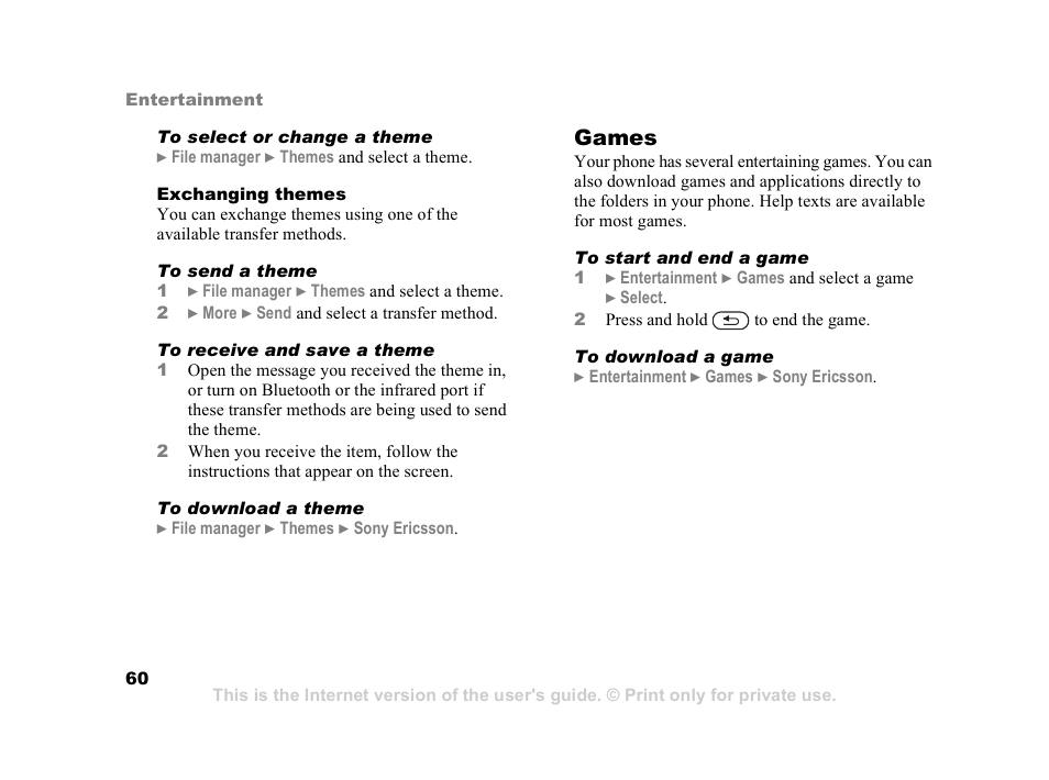 Games | Sony Ericsson K608i User Manual | Page 60 / 99