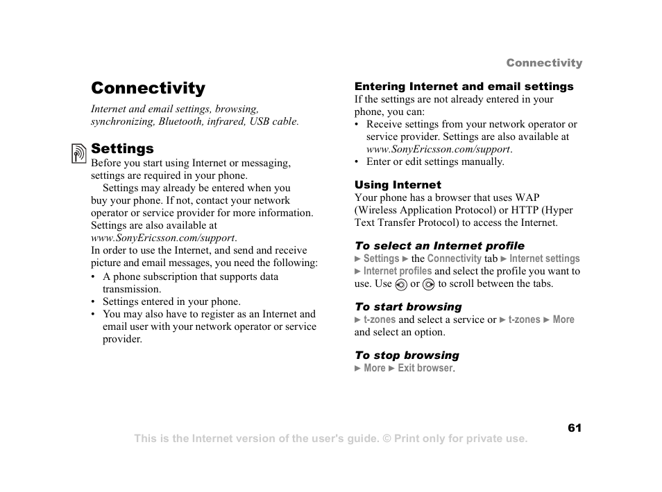 Connectivity, 61 settings, Settings | Sony Ericsson K608i User Manual | Page 61 / 99