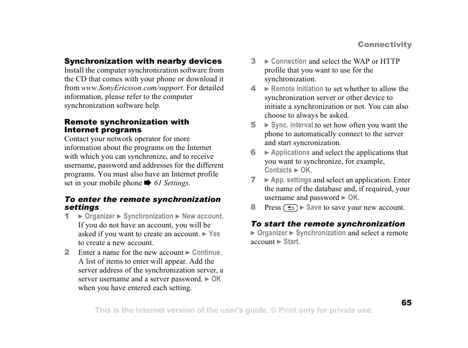 65 to enter, The remote synchronization settings | Sony Ericsson K608i User Manual | Page 65 / 99