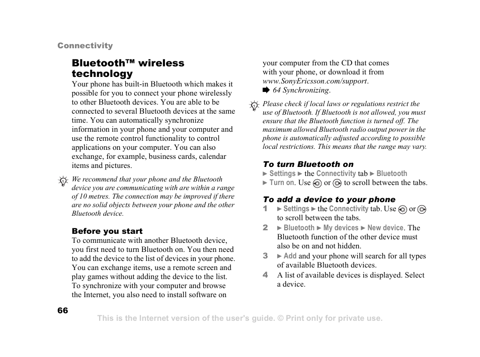 Bluetooth™ wireless technology | Sony Ericsson K608i User Manual | Page 66 / 99