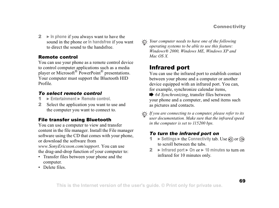 69 file transfer using, Bluetooth an, 69 file transfer using bluetooth | Infrared port | Sony Ericsson K608i User Manual | Page 69 / 99