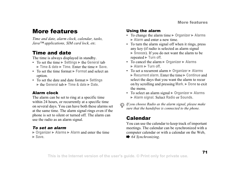 More features, 71 alarm, Clock | Time and date, Calendar | Sony Ericsson K608i User Manual | Page 71 / 99