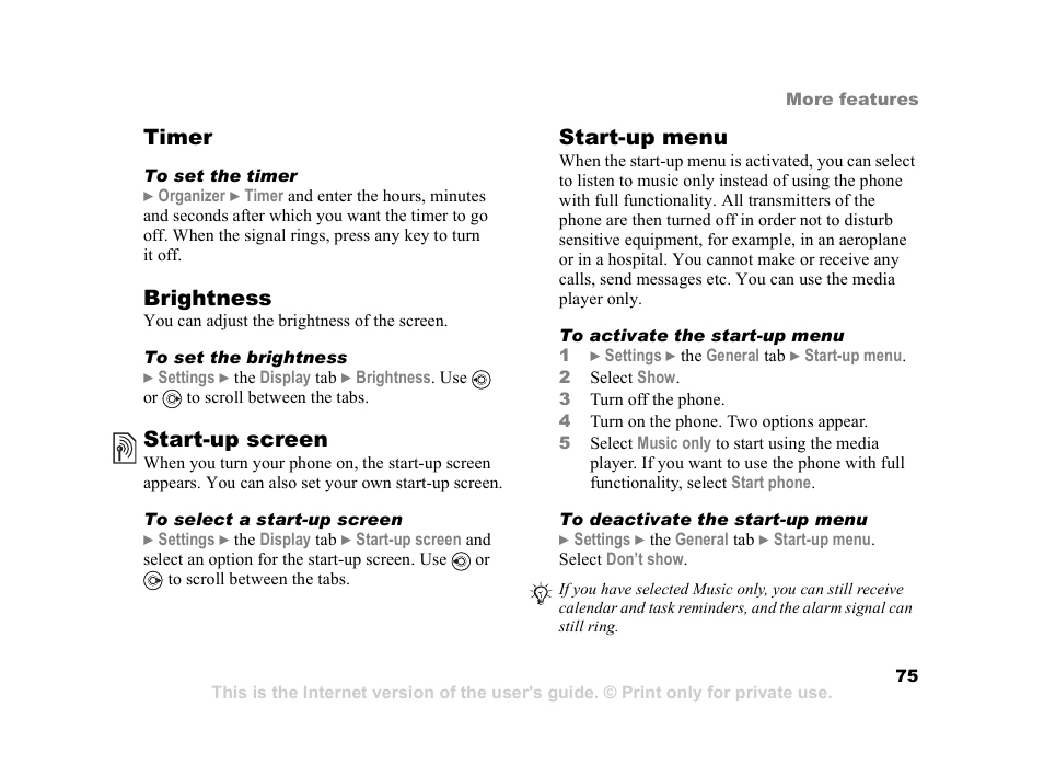 Timer, Brightness, Start-up screen | Start-up menu | Sony Ericsson K608i User Manual | Page 75 / 99