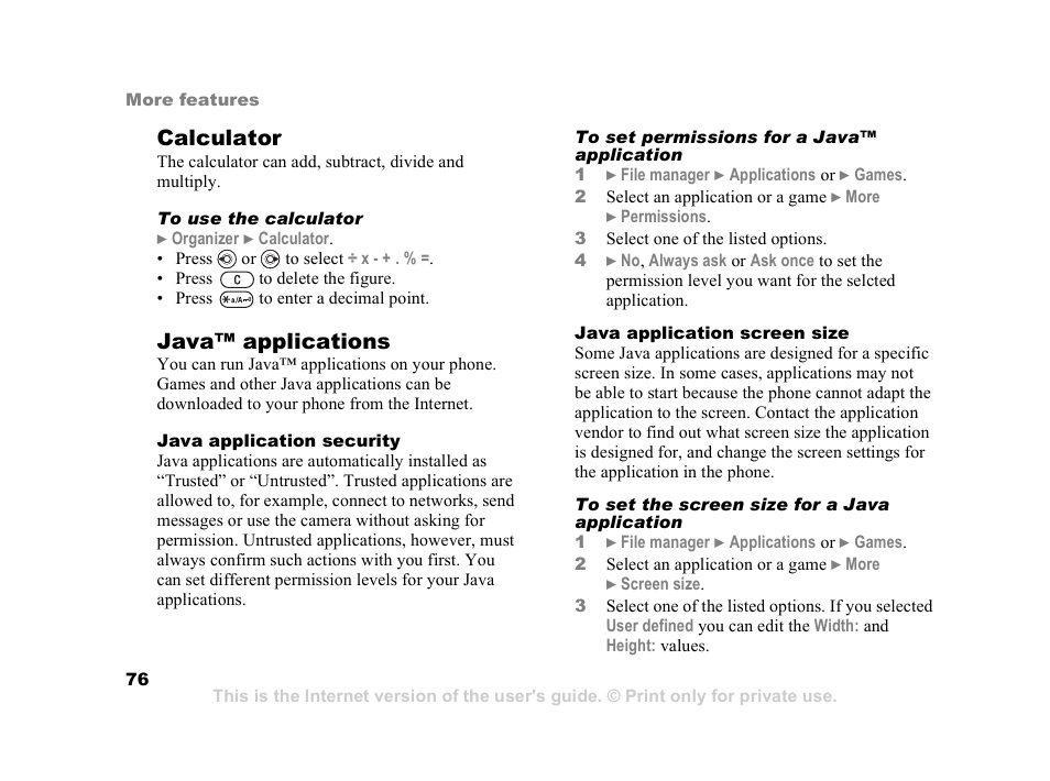 Calculator, Java™ applications | Sony Ericsson K608i User Manual | Page 76 / 99