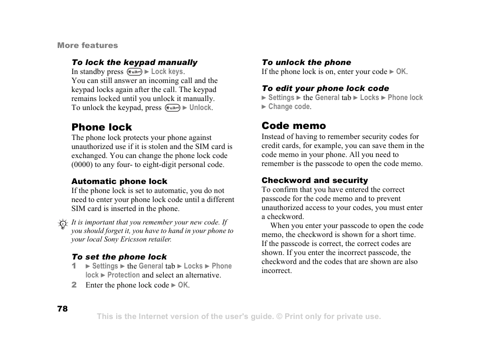 Phone lock | Sony Ericsson K608i User Manual | Page 78 / 99