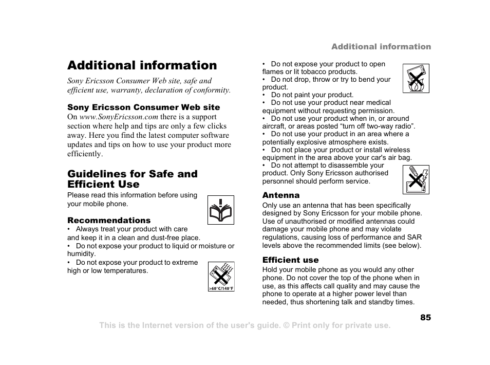 Additional information, 85 guidelines for safe and, Efficient use | Guidelines for safe and efficient use | Sony Ericsson K608i User Manual | Page 85 / 99