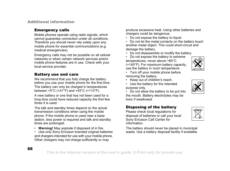 88 battery use and care | Sony Ericsson K608i User Manual | Page 88 / 99