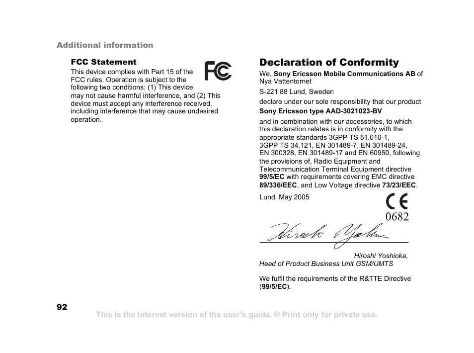 Declaration of conformity | Sony Ericsson K608i User Manual | Page 92 / 99