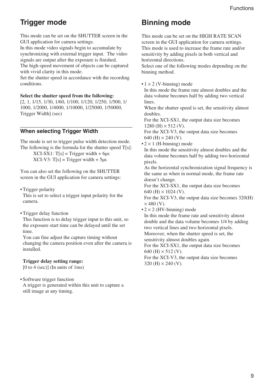 Trigger mode, Binning mode, Trigger mode binning mode | Sony Ericsson XCI-V3 User Manual | Page 9 / 37