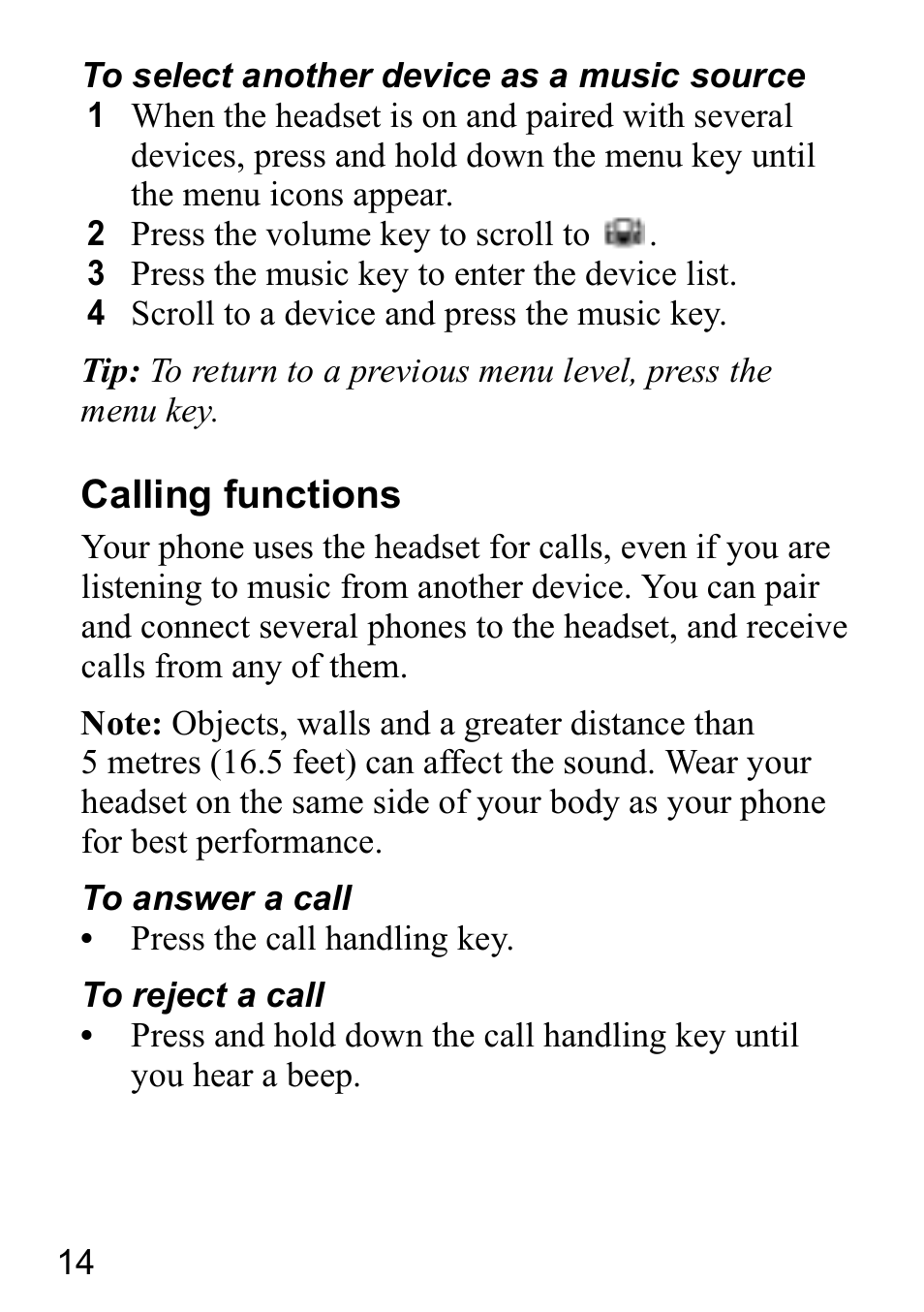 Calling functions | Sony Ericsson HBH-DS980 User Manual | Page 14 / 80