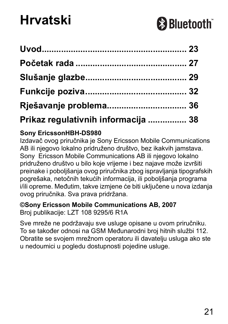 Hrvatski | Sony Ericsson HBH-DS980 User Manual | Page 21 / 80