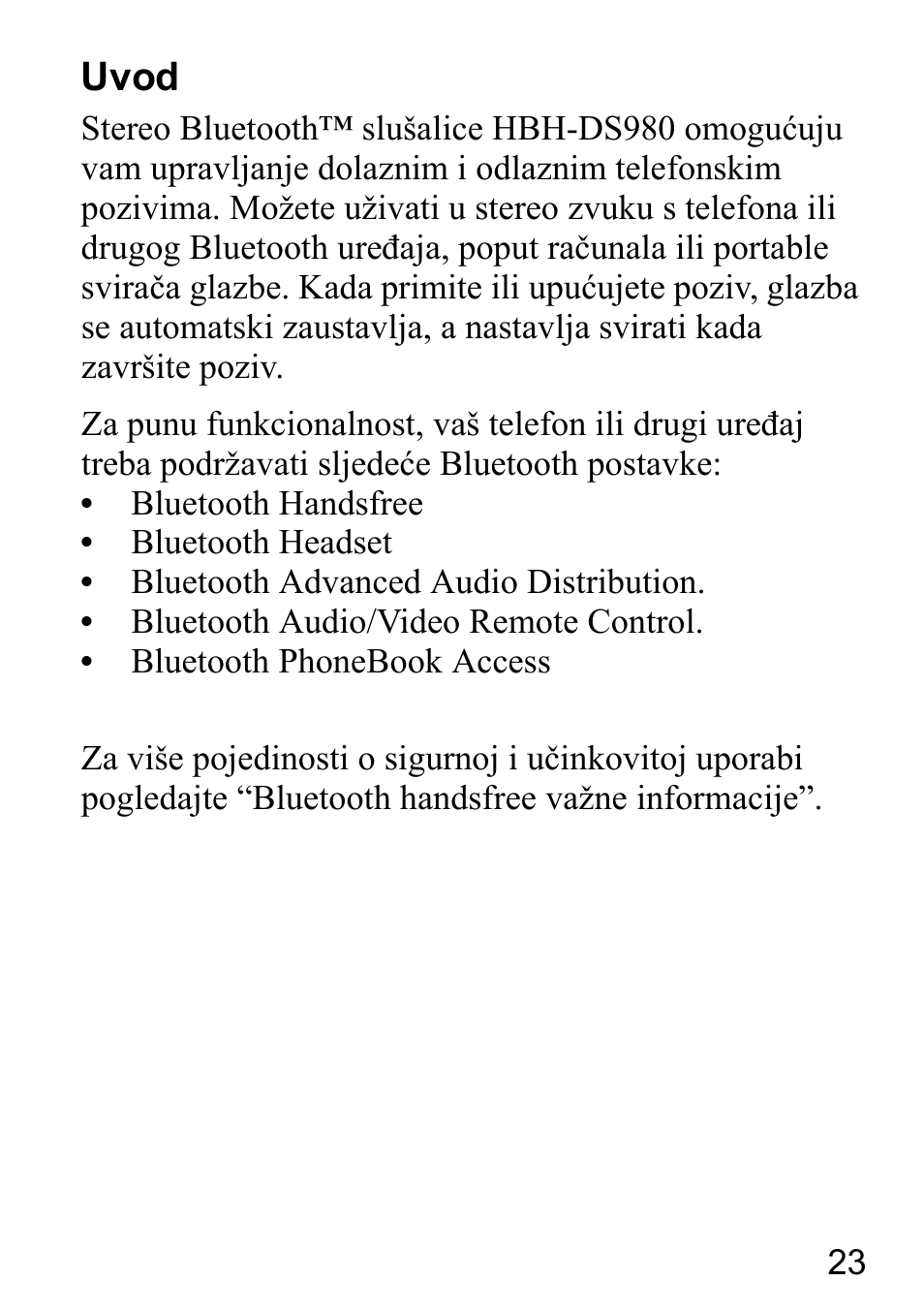 Uvod | Sony Ericsson HBH-DS980 User Manual | Page 23 / 80