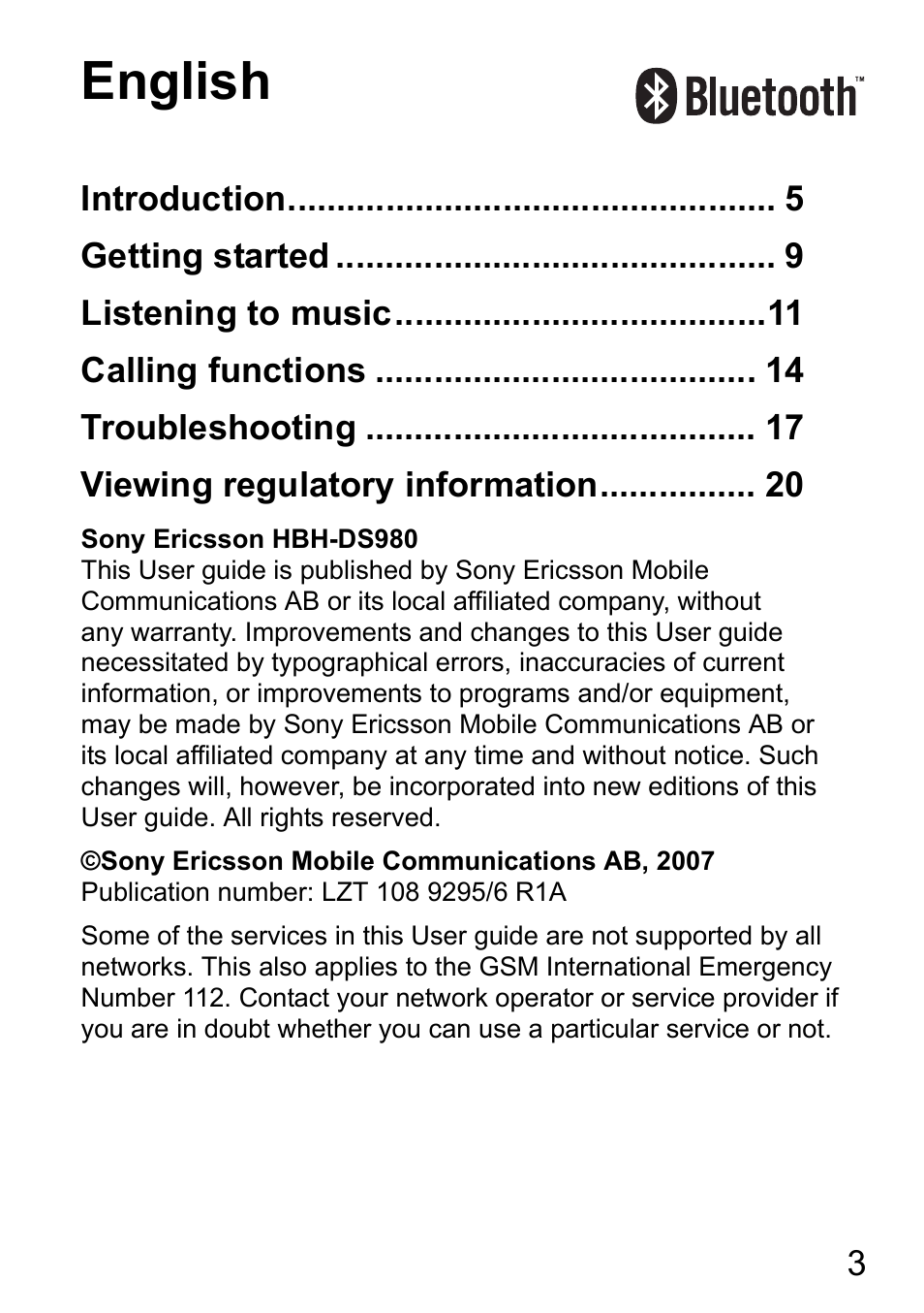 English | Sony Ericsson HBH-DS980 User Manual | Page 3 / 80