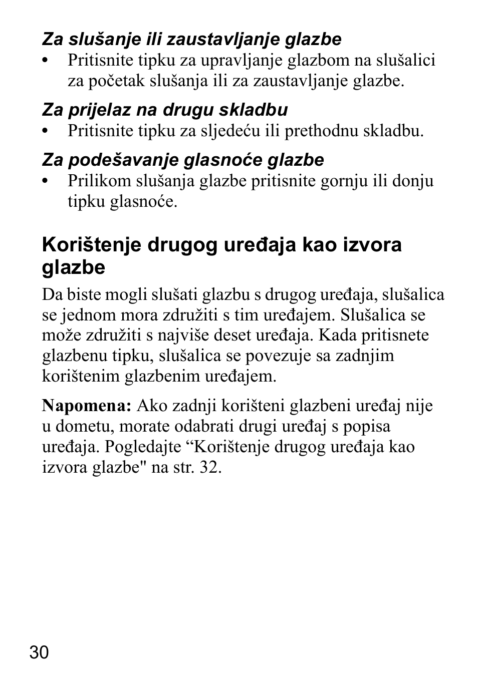 Korištenje drugog uređaja kao izvora glazbe | Sony Ericsson HBH-DS980 User Manual | Page 30 / 80