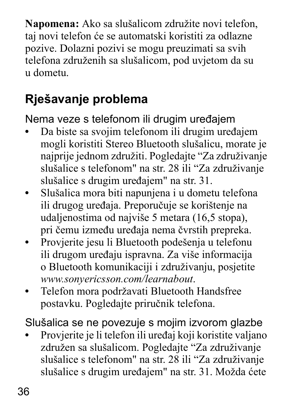 Rješavanje problema | Sony Ericsson HBH-DS980 User Manual | Page 36 / 80